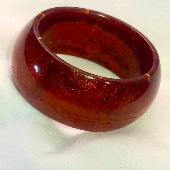 Firery Amber Wide Bangle Bracelet Handcrafted Epoxy Resin Jewelry - Picture 8 of 13